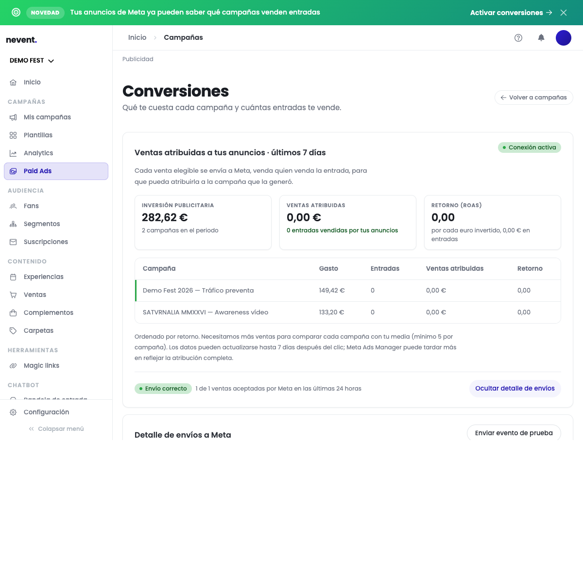 Detalle de envíos a Meta desplegado en Nevent, con la lista de los 13 datos de coincidencia que se pueden enviar por venta, el aviso de hash SHA-256 y la tabla de registro con una compra aceptada el 27 de agosto