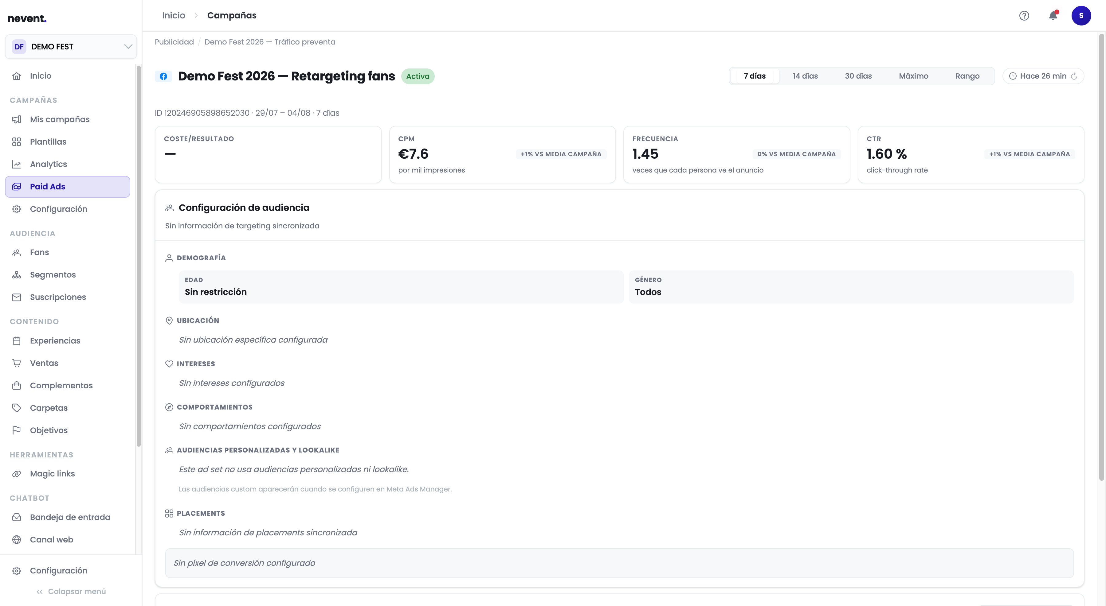 Pantalla de conjunto de anuncios SATVRNALIA MMXXVI Retargeting fans con indicadores de CPM (6,87 euros), Frecuencia (1,45), CTR (1,61%) y secciones de Configuración de audiencia con demografía, ubicación, intereses, comportamientos, audiencias personalizadas y placements
