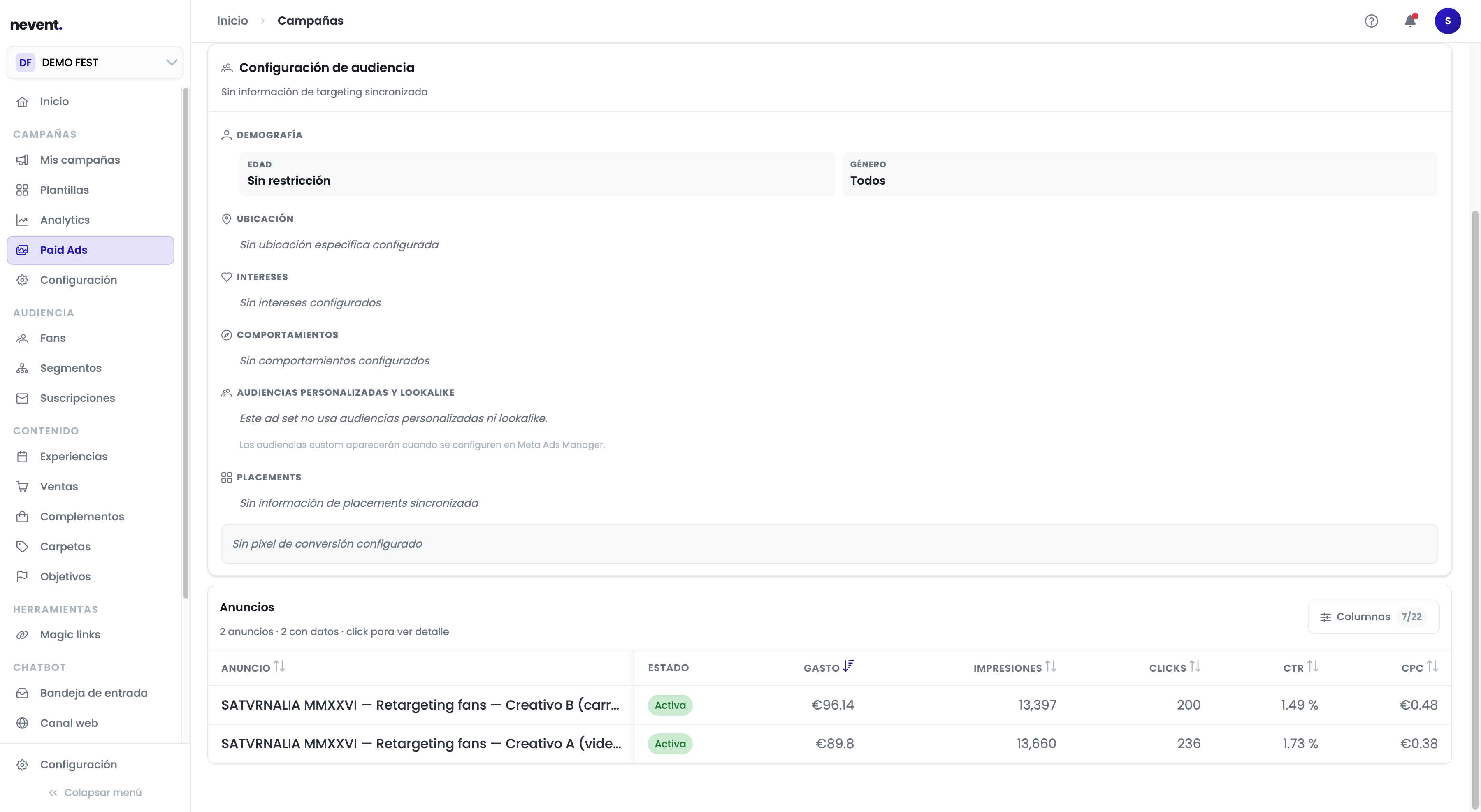 Sección Anuncios dentro del conjunto de anuncios Retargeting fans, con dos creativos activos: Creativo B con 13.397 impresiones y CTR del 1,49%, y Creativo A con 13.660 impresiones y CTR del 1,73%