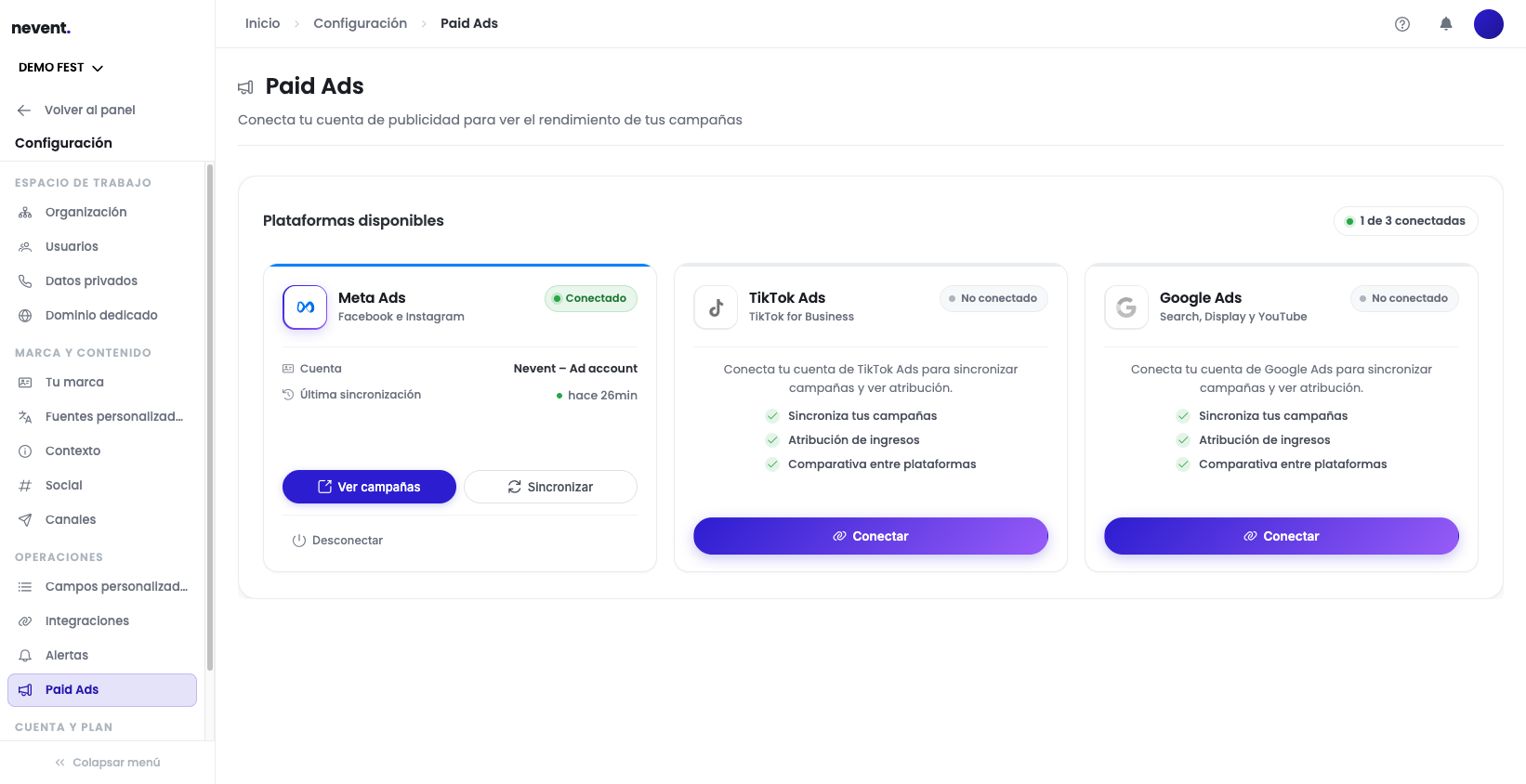 Pantalla de Configuración Paid Ads de Nevent mostrando Meta Ads con estado Conectado y la cuenta "Nevent - Ad account", junto a TikTok Ads y Google Ads con estado No conectado y un botón Conectar en cada una