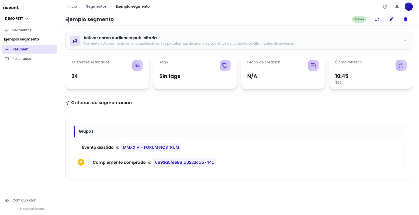 Detalle de un segmento en Nevent con el bloque "Activar como audiencia publicitaria" visible justo debajo del título, antes de desplegarlo