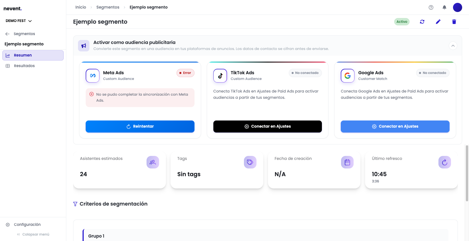 Bloque desplegado "Activar como audiencia publicitaria" con tres tarjetas: Meta Ads en estado Error con botón Reintentar, TikTok Ads en estado No conectado con botón Conectar en Ajustes, y Google Ads en estado No conectado con botón Conectar en Ajustes