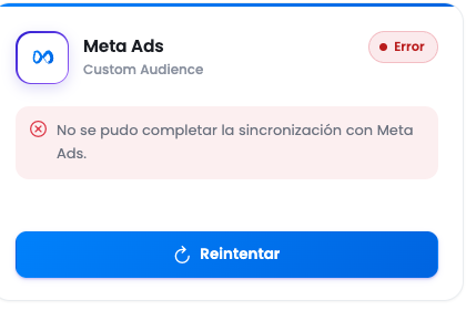 Tarjeta de Meta Ads con el estado Error y el mensaje "No se pudo completar la sincronización con Meta Ads", junto al botón Reintentar