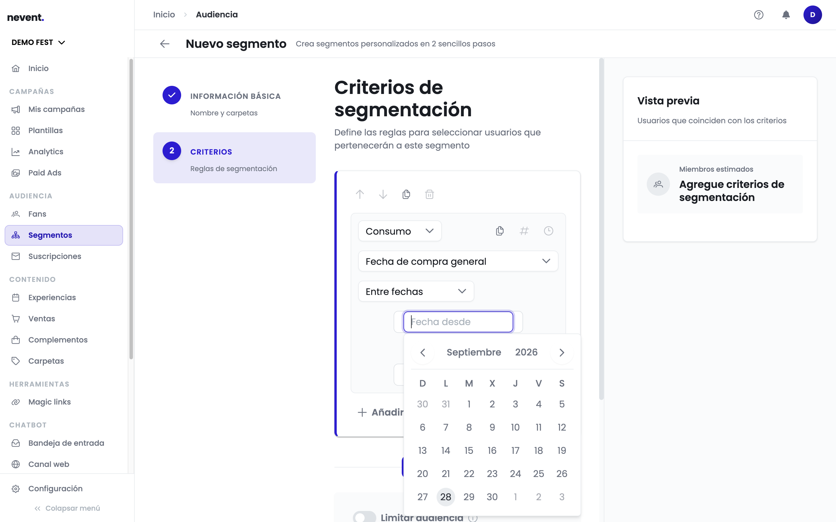 Criterio "Fecha de compra general" con el operador "Entre fechas" y el campo "Fecha desde" abierto, mostrando un calendario mensual sin selector de hora