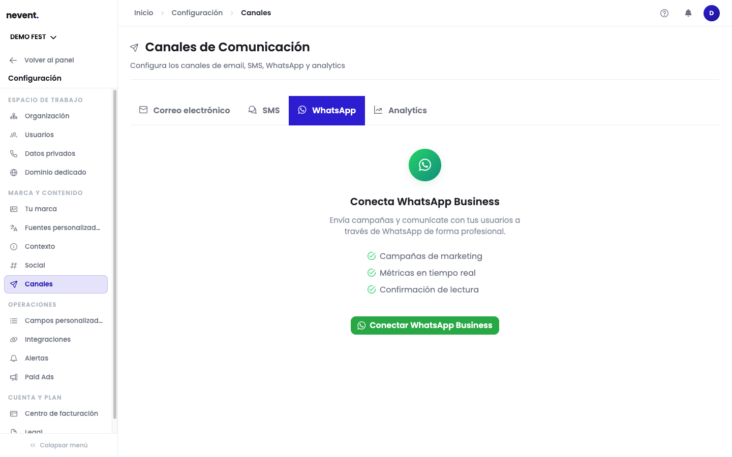 Pestaña WhatsApp de la pantalla Canales de Comunicación, con el bloque "Conecta WhatsApp Business", las tres ventajas listadas y el botón verde "Conectar WhatsApp Business"