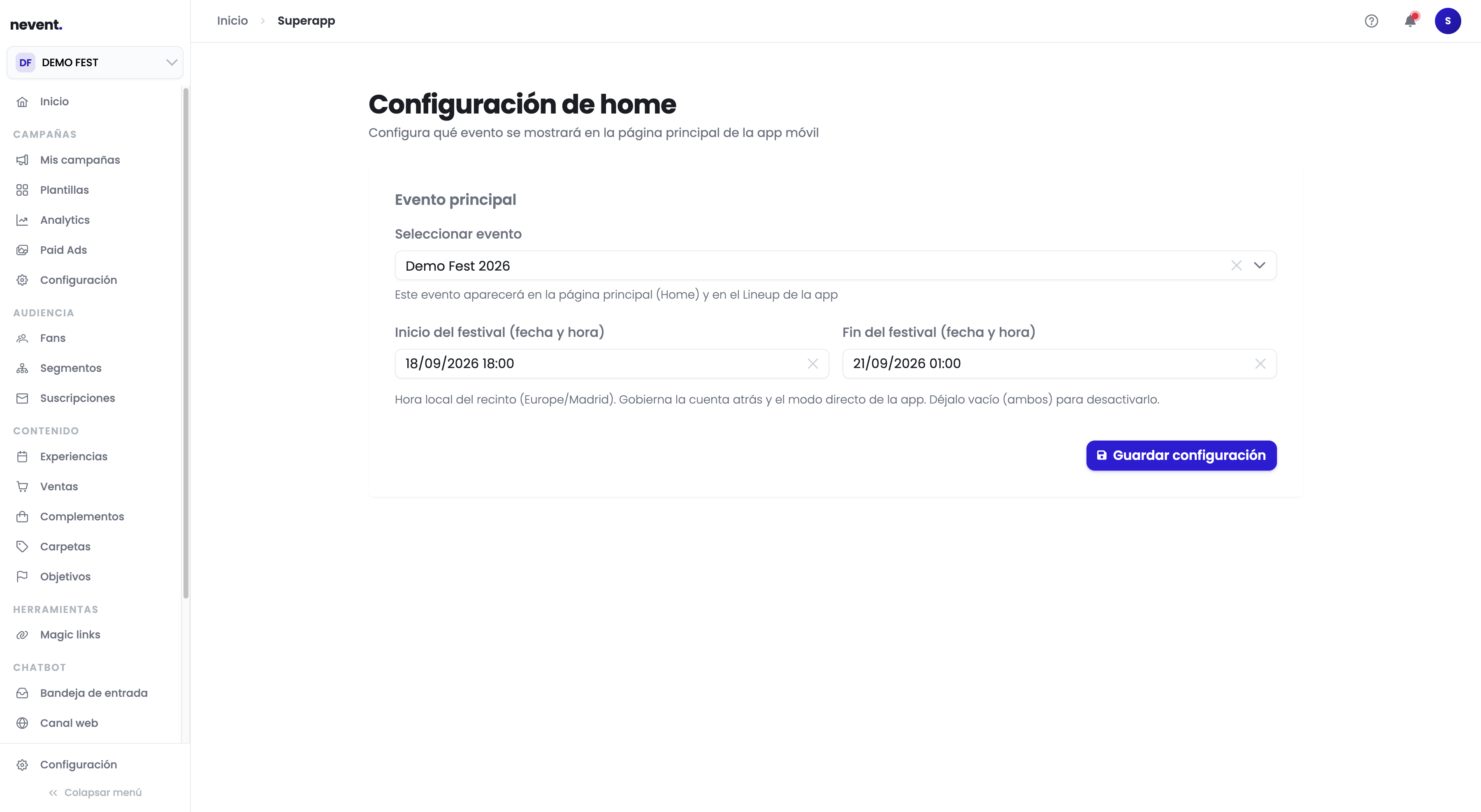 Pantalla de configuración de home de la Superapp con el evento "Demo Fest 2026" seleccionado, fecha de inicio 18/09/2026 18 y fecha de fin 21/09/2026 01, y el botón "Guardar configuración" en la esquina inferior derecha