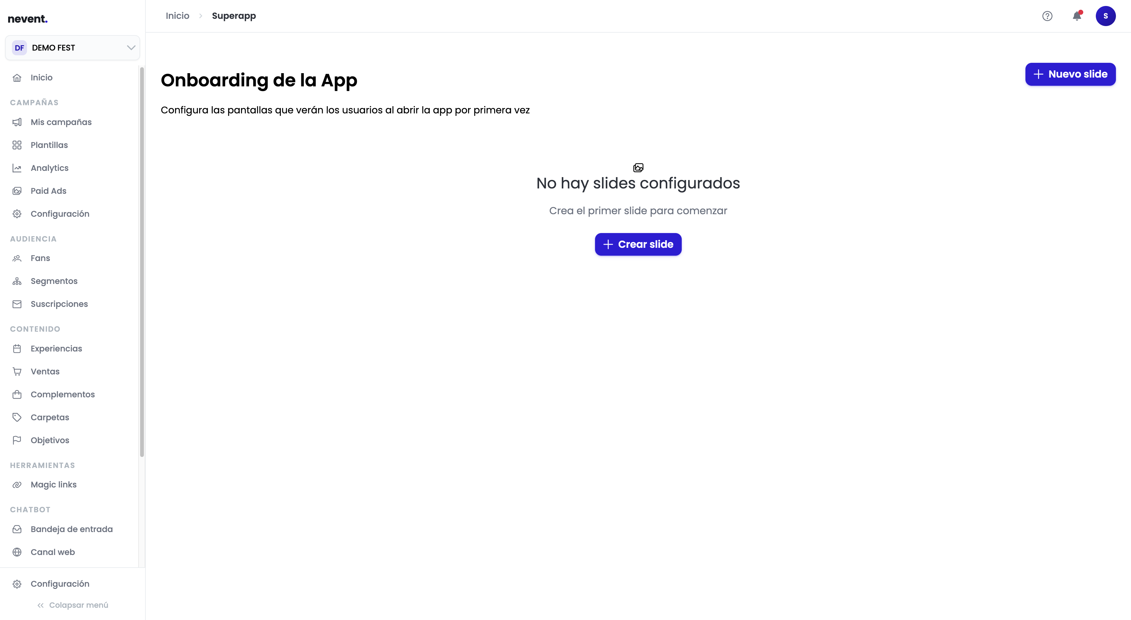 Pantalla de "Onboarding de la App" de Demo Fest sin slides configurados, con el mensaje "No hay slides configurados. Crea el primer slide para comenzar" y el botón "Crear slide"