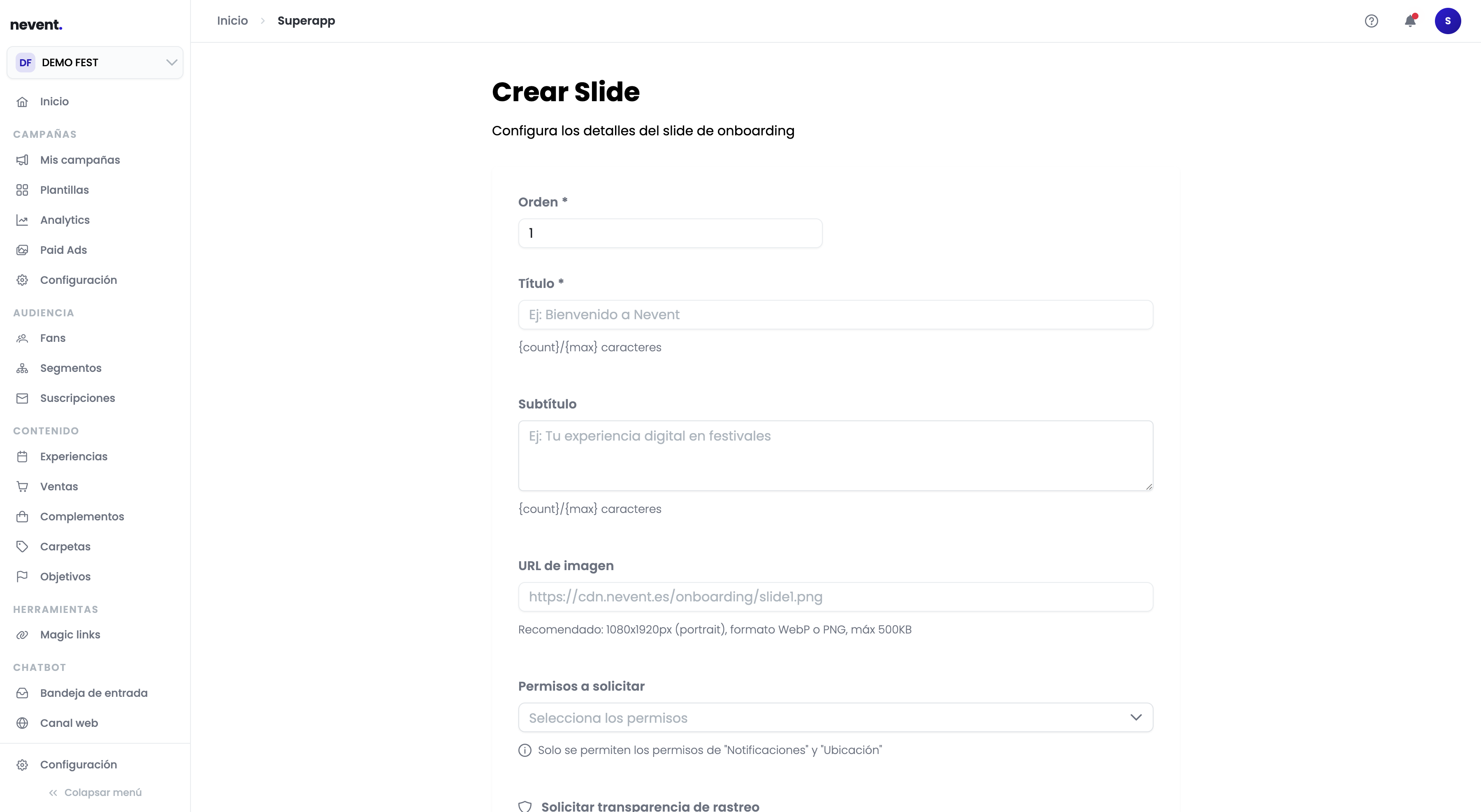 Formulario de "Crear Slide" con los campos Orden (valor 1), Título, Subtítulo, URL de imagen con el placeholder https://cdn.nevent.es/onboarding/slide1.png, el selector de Permisos a solicitar y el toggle de Solicitar transparencia de rastreo