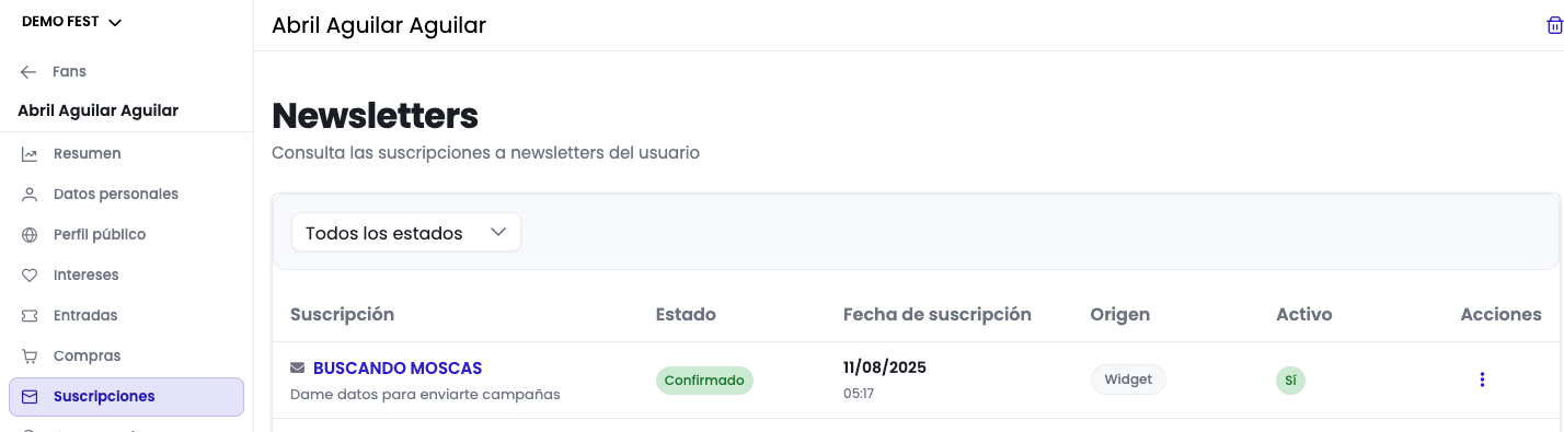 Sección Suscripciones del fan Abril Aguilar Aguilar, con una fila para la suscripción "BUSCANDO MOSCAS" en estado Confirmado, fecha 11/08/2025, origen Widget y activo Sí