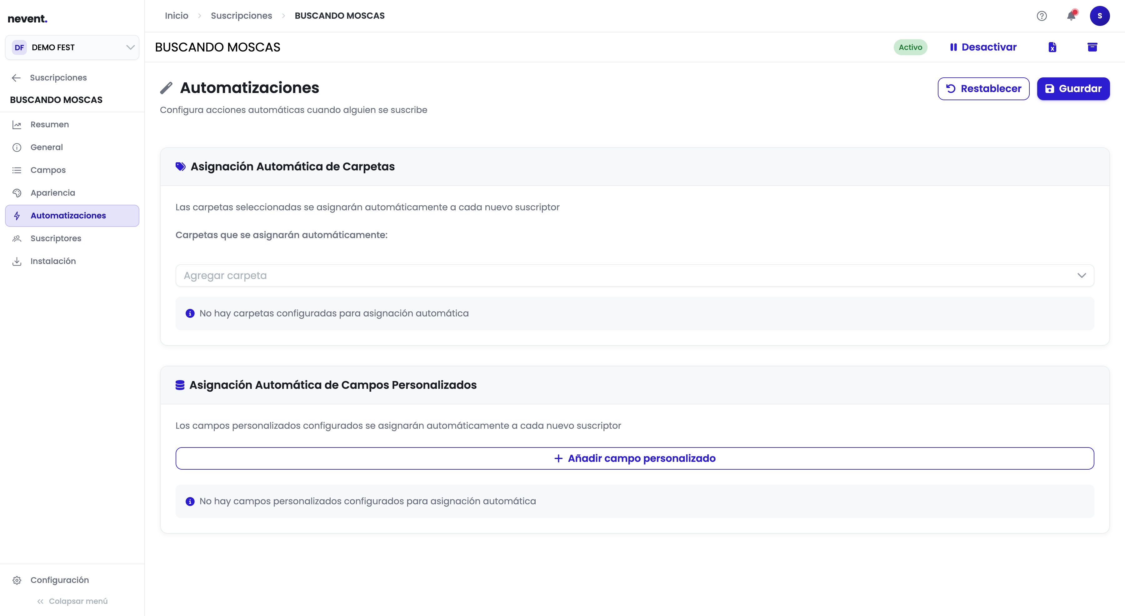 Sección "Automatizaciones" de DEMO FEST con las dos subsecciones: "Asignación Automática de Carpetas" con el selector de carpetas, y "Asignación Automática de Campos Personalizados" con el botón "Crear"